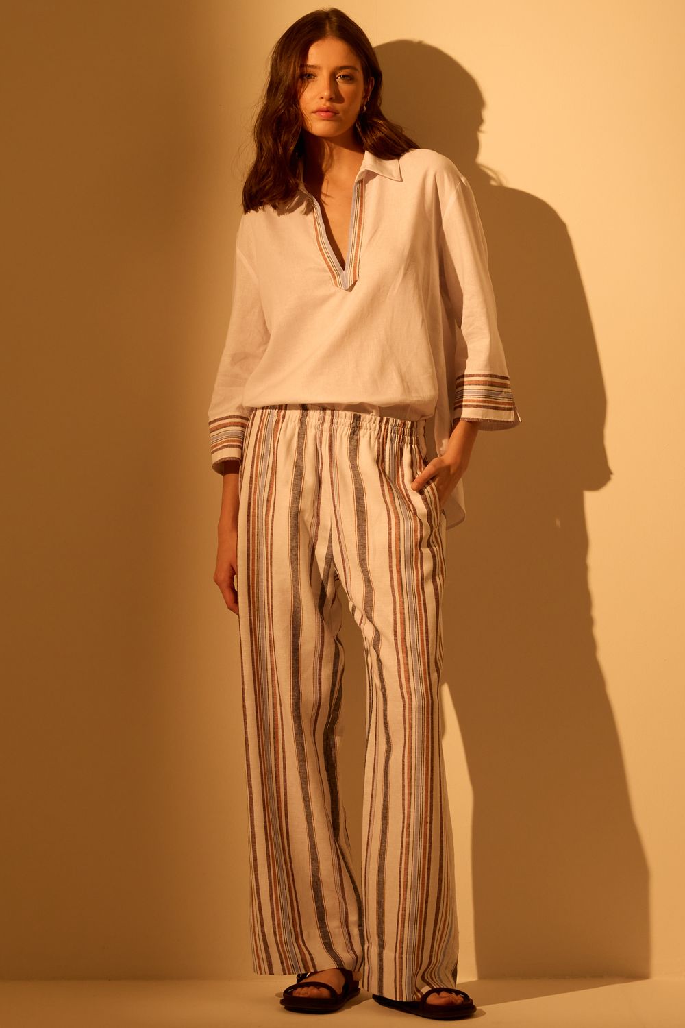 Calça Com Linho Riviera Listrada - OFF WHITE P - OFF WHITE