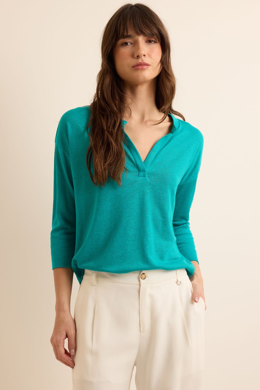 Blusa Malha Linho Pate Summer - TURQUESA P - TURQUESA Blusa Malha Linho Pate Summer - TURQUESA P - TURQUESA