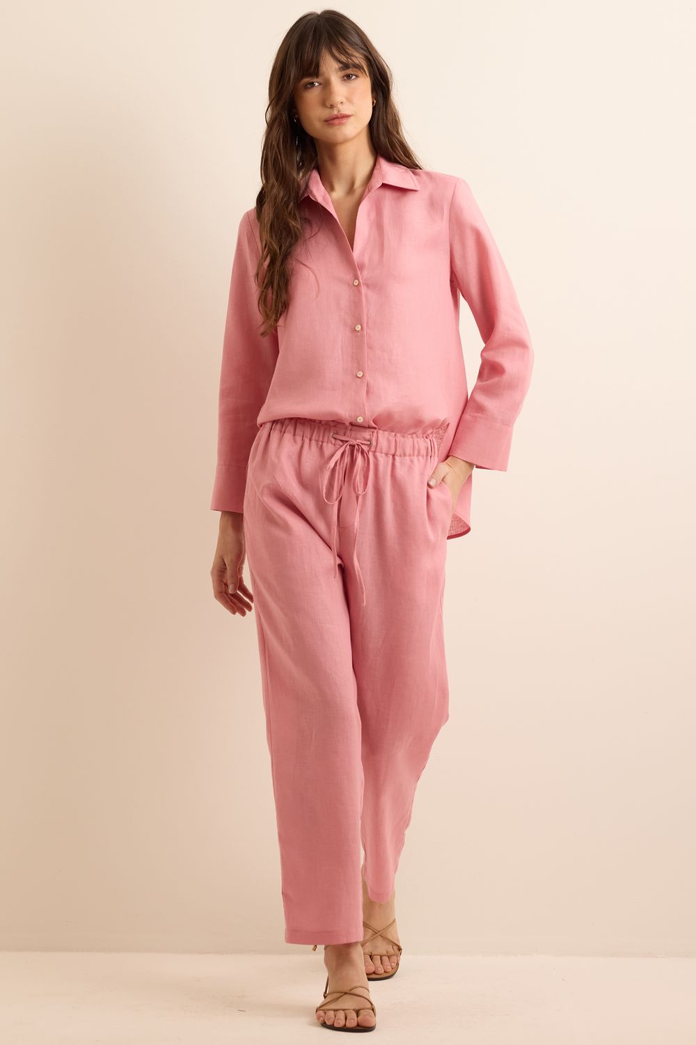 Calça Com Linho Capri - ROSA P - ROSA