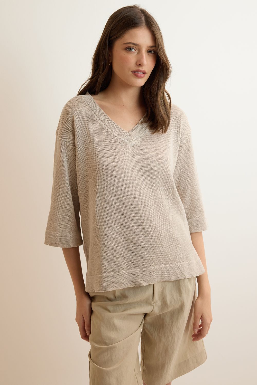 Blusa Tricot V Fine - BEGE P - BEGE