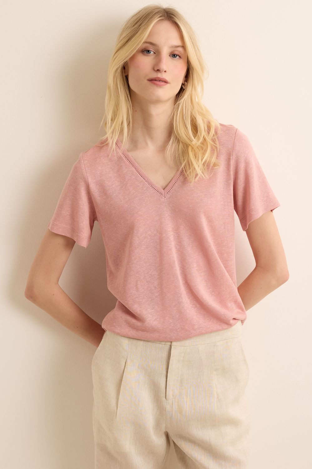 Blusa de Malha Linho V com Guipuier - ROSA P - ROSA Blusa de Malha Linho V com Guipuier - ROSA P - ROSA