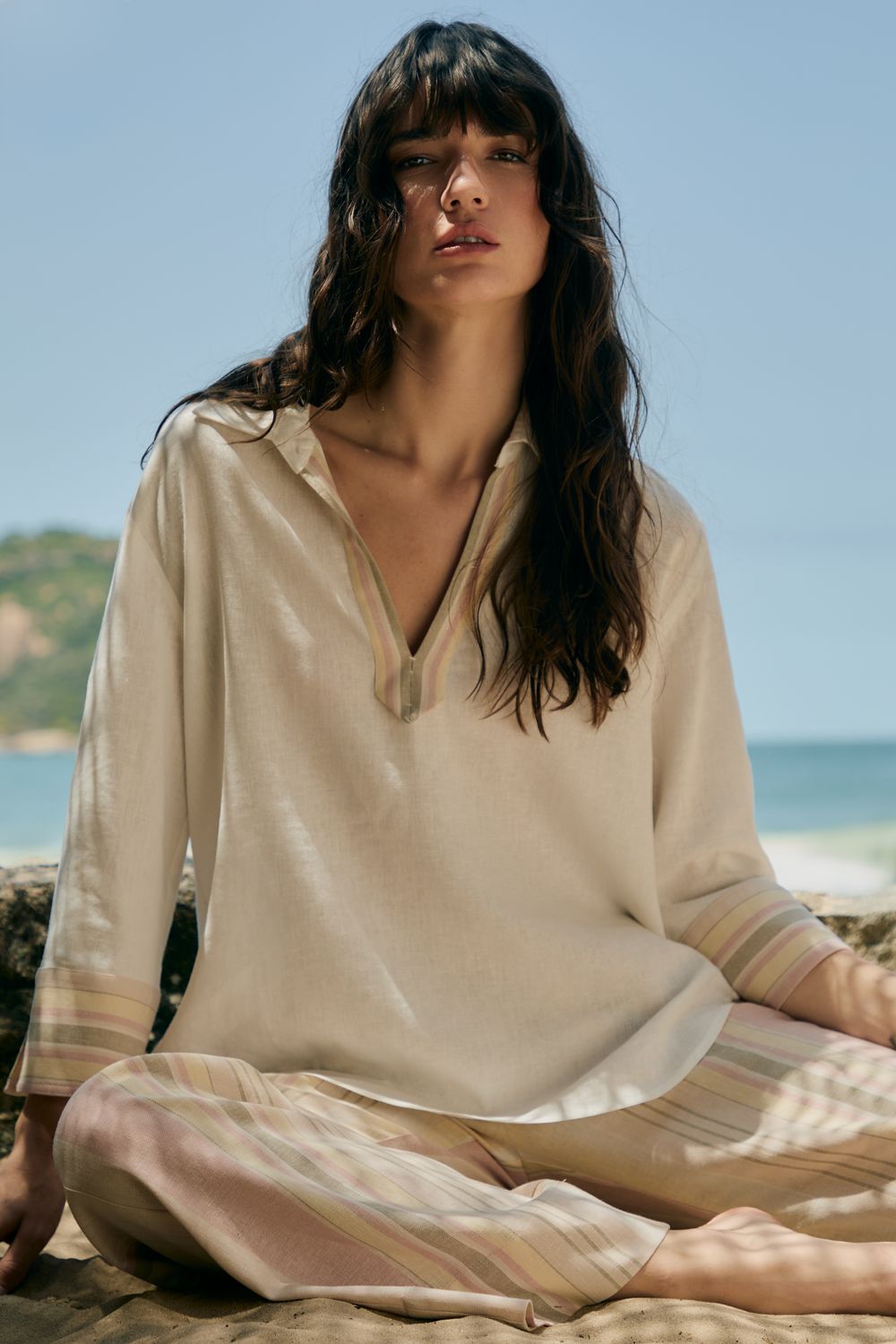 Camisa Com Linho Detalhe Listrado Luar - OFF WHITE PP - OFF WHITE Camisa Com Linho Detalhe Listrado Luar - OFF WHITE PP - OFF WHITE