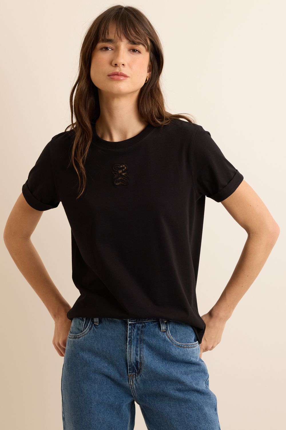 Blusa Malha Bordada Organic Cotton - PRETO PP - PRETO