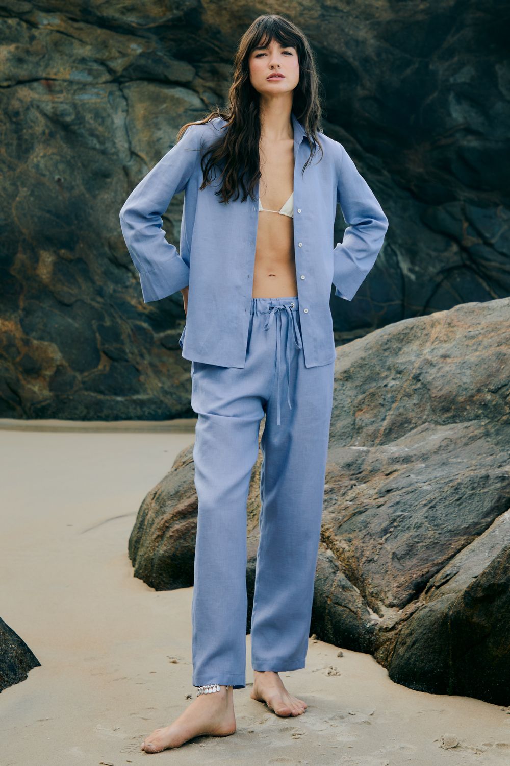 Calça Com Linho Capri - AZUL G - AZUL