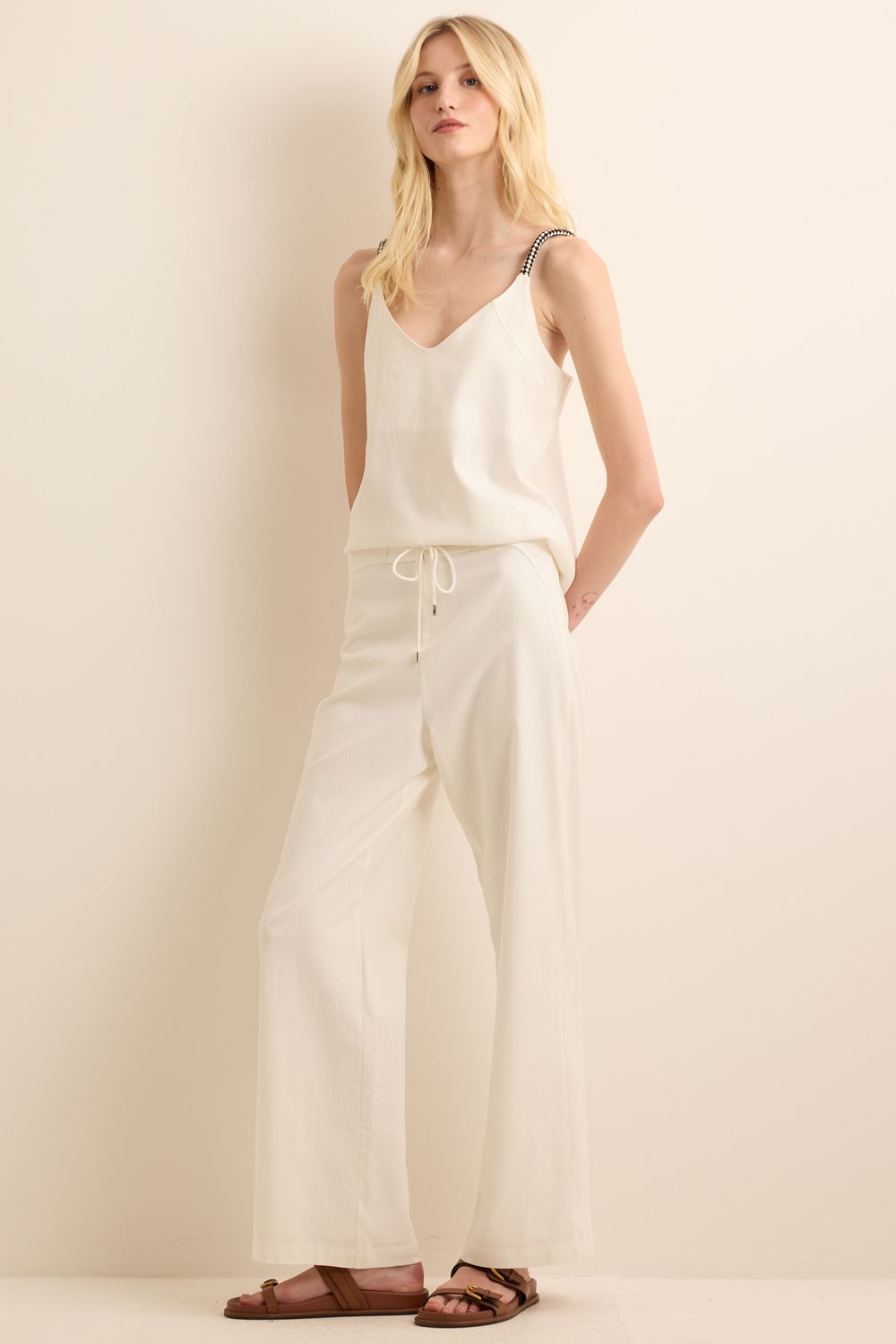 Calça Com Linho Ilhões Corda - OFF WHITE P - OFF WHITE