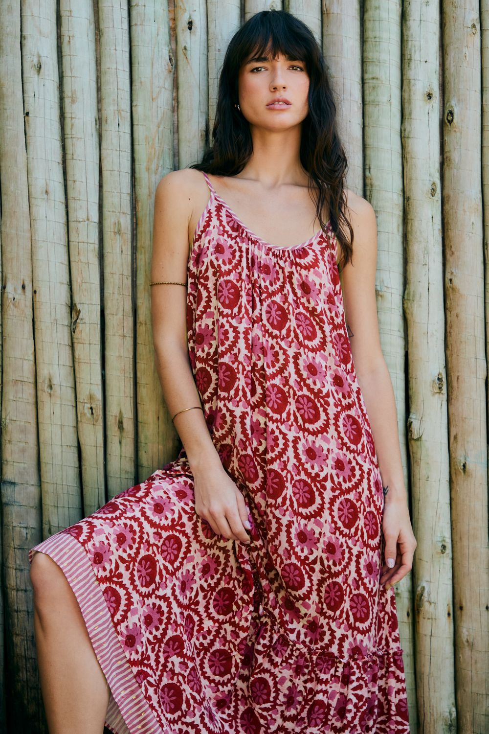 Vestido Estampa Batik Barra Listra Gold Com Faixa - CEREJA M - CEREJA