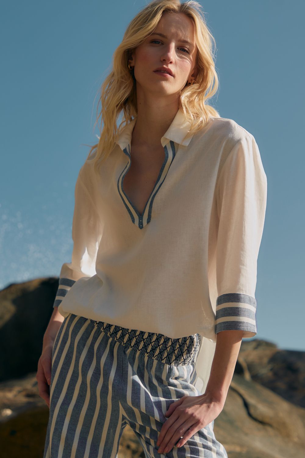 Camisa Com Linho Detalhes Navy - OFF WHITE P - OFF WHITE