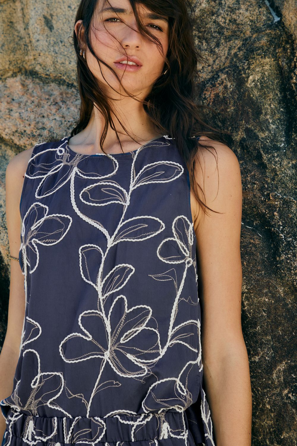 Top Bordada Corda Flores - AZUL MARINHO PP - AZUL MARINHO