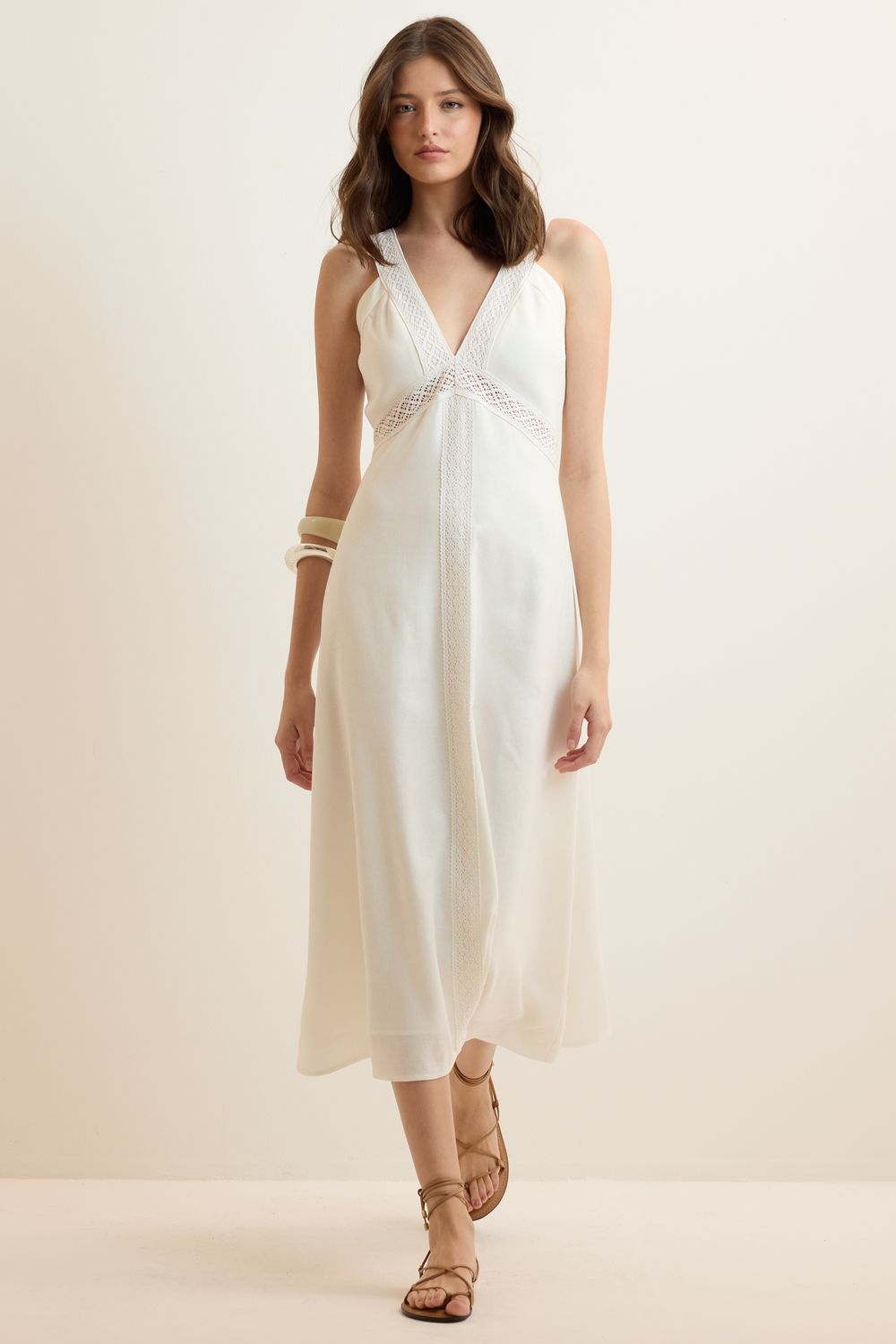 Vestido Com Linho Detalhe Renda - OFF WHITE P - OFF WHITE