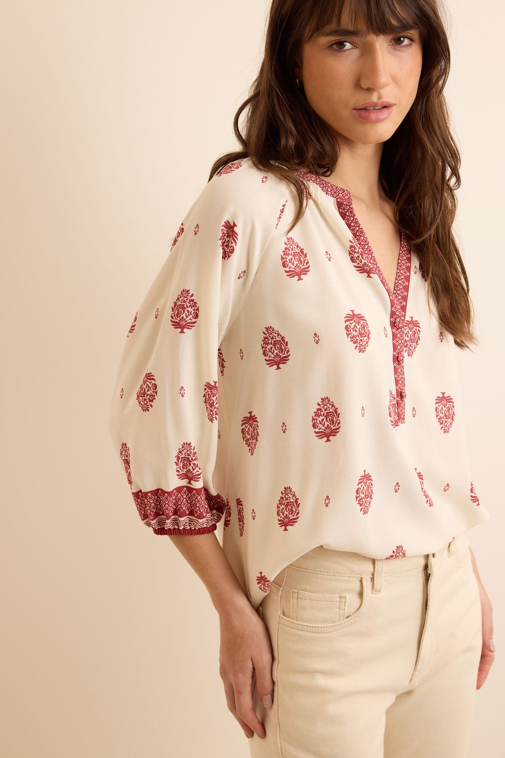 Bata Estampa Carimbo Challis - VERMELHO M - VERMELHO