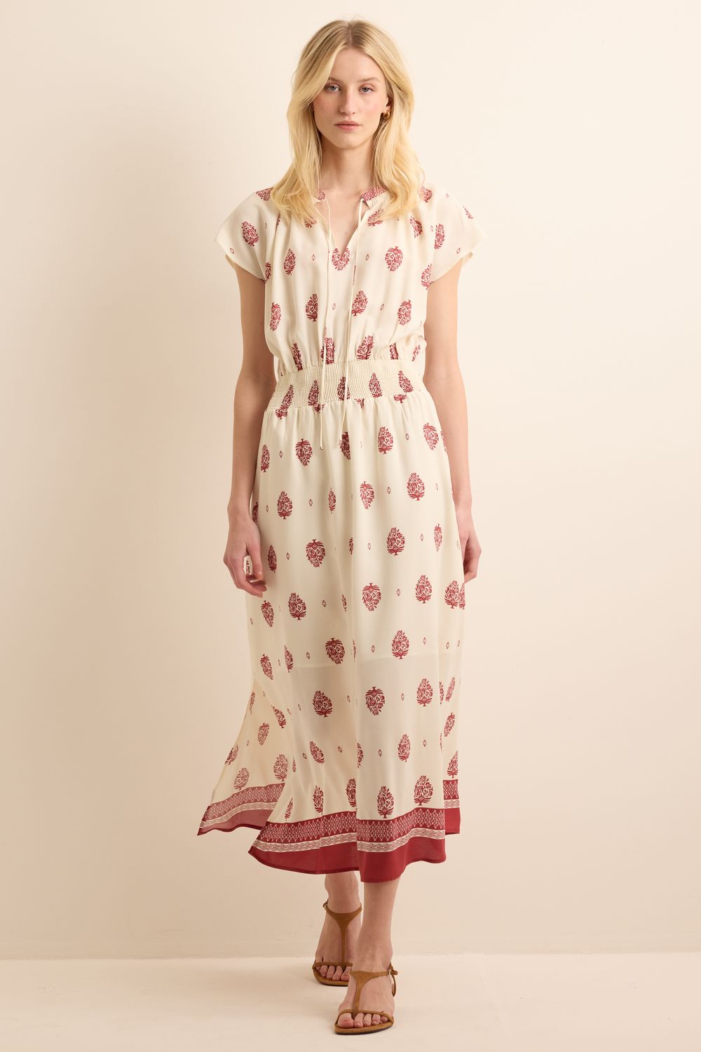 Vestido Estampa Challis Carimbo Barrado - VERMELHO P - VERMELHO