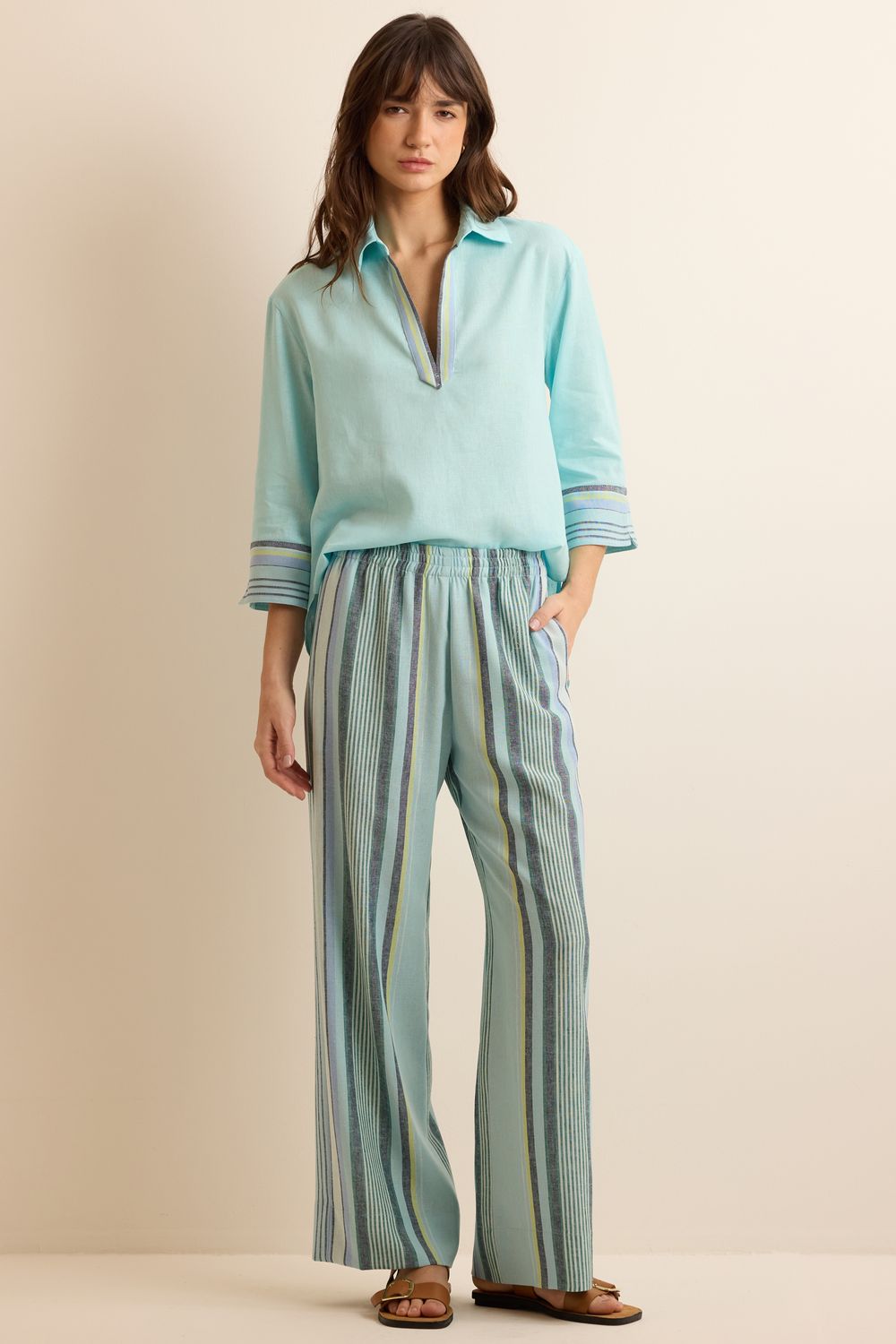 Calça Com Linho Listrada Luar - AZUL PP - AZUL