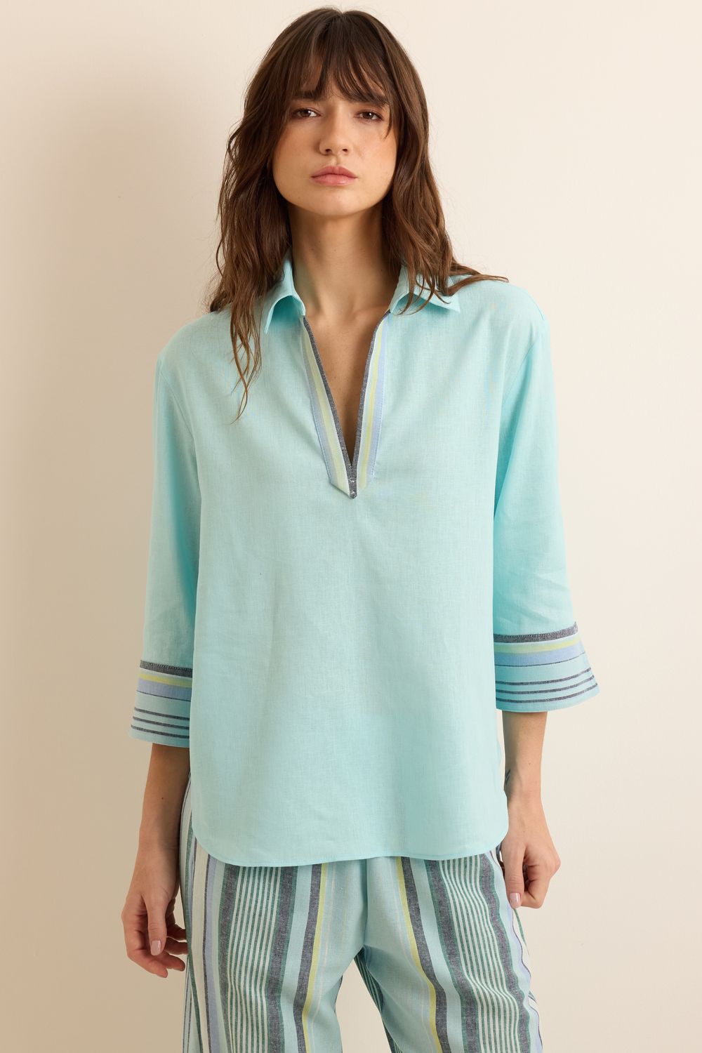 Camisa Com Linho Polo Detalhes Listra Riviera - TURQUESA PP - TURQUESA Camisa Com Linho Polo Detalhes Listra Riviera - TURQUESA PP - TURQUESA