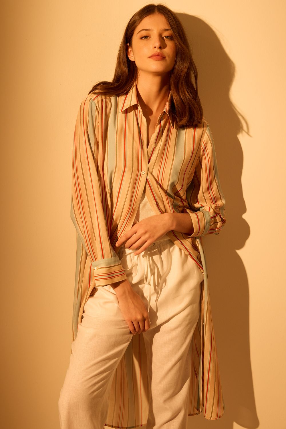 Vestido Chemisie Listra Multicolour - BEGE PP - BEGE Vestido Chemisie Listra Multicolour - BEGE PP - BEGE