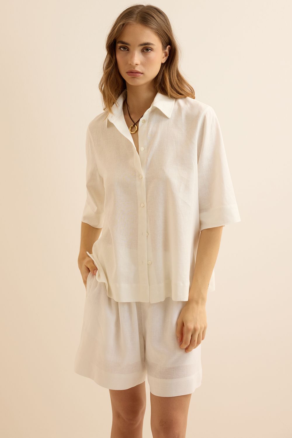 Camisa Com Linho Nassau Mg Curta - OFF WHITE PP - OFF WHITE