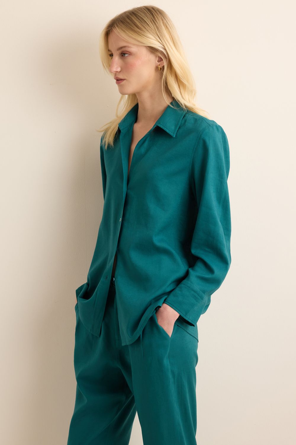 Camisa Com Linho Botões Laterais Colour - PETROLEO PP - PETROLEO