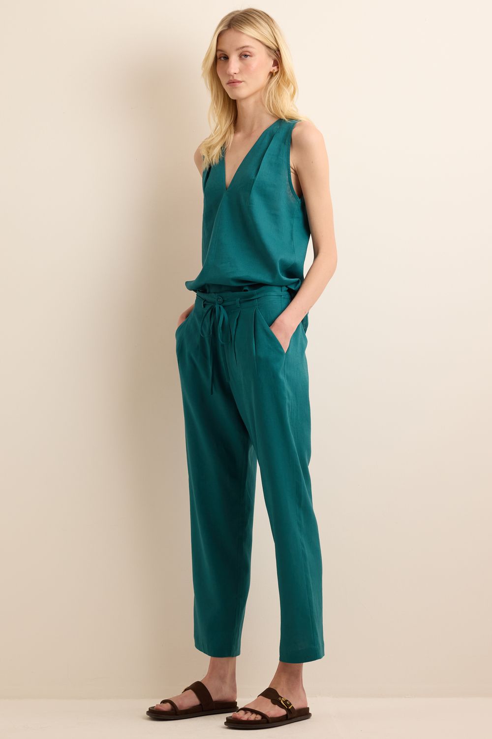 Calça Com Linho Cigarrete Tirinha - PETROLEO PP - PETROLEO