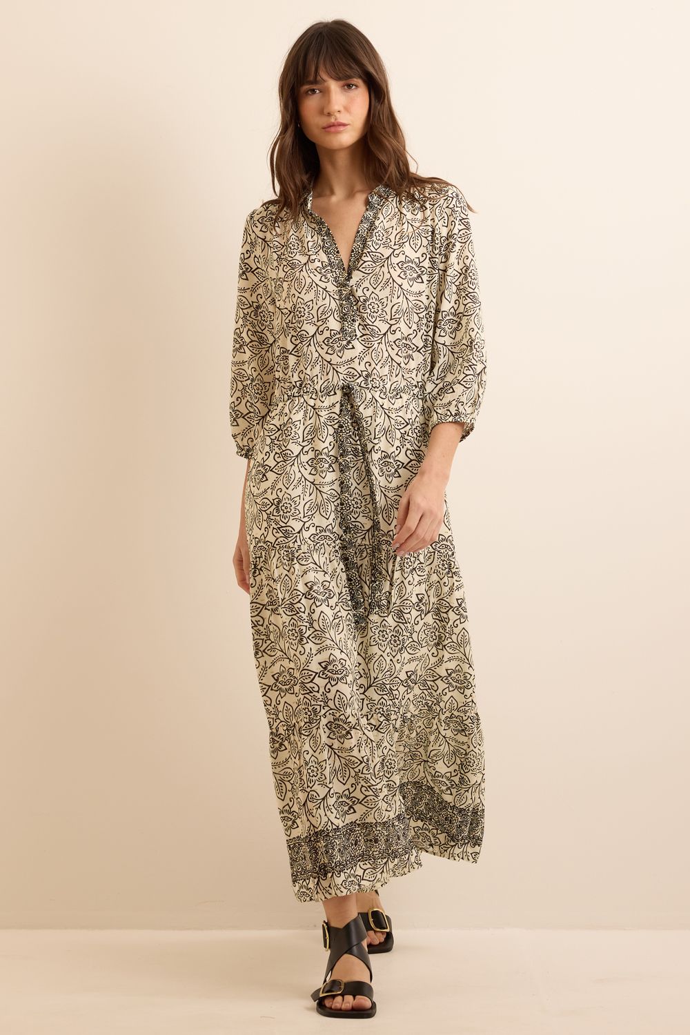 Vestido Estampa Flores Barrado Bossa Gold - PRETO M - PRETO