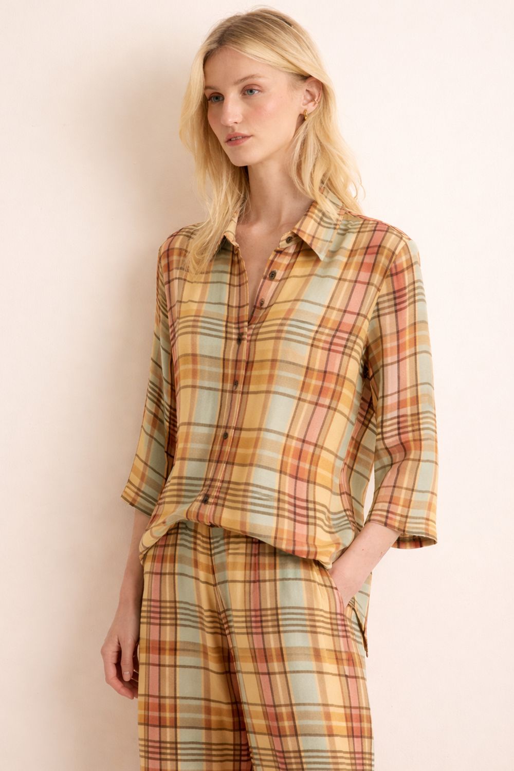 Camisa Xadrez Manga 7/8 - AMARELO P - AMARELO