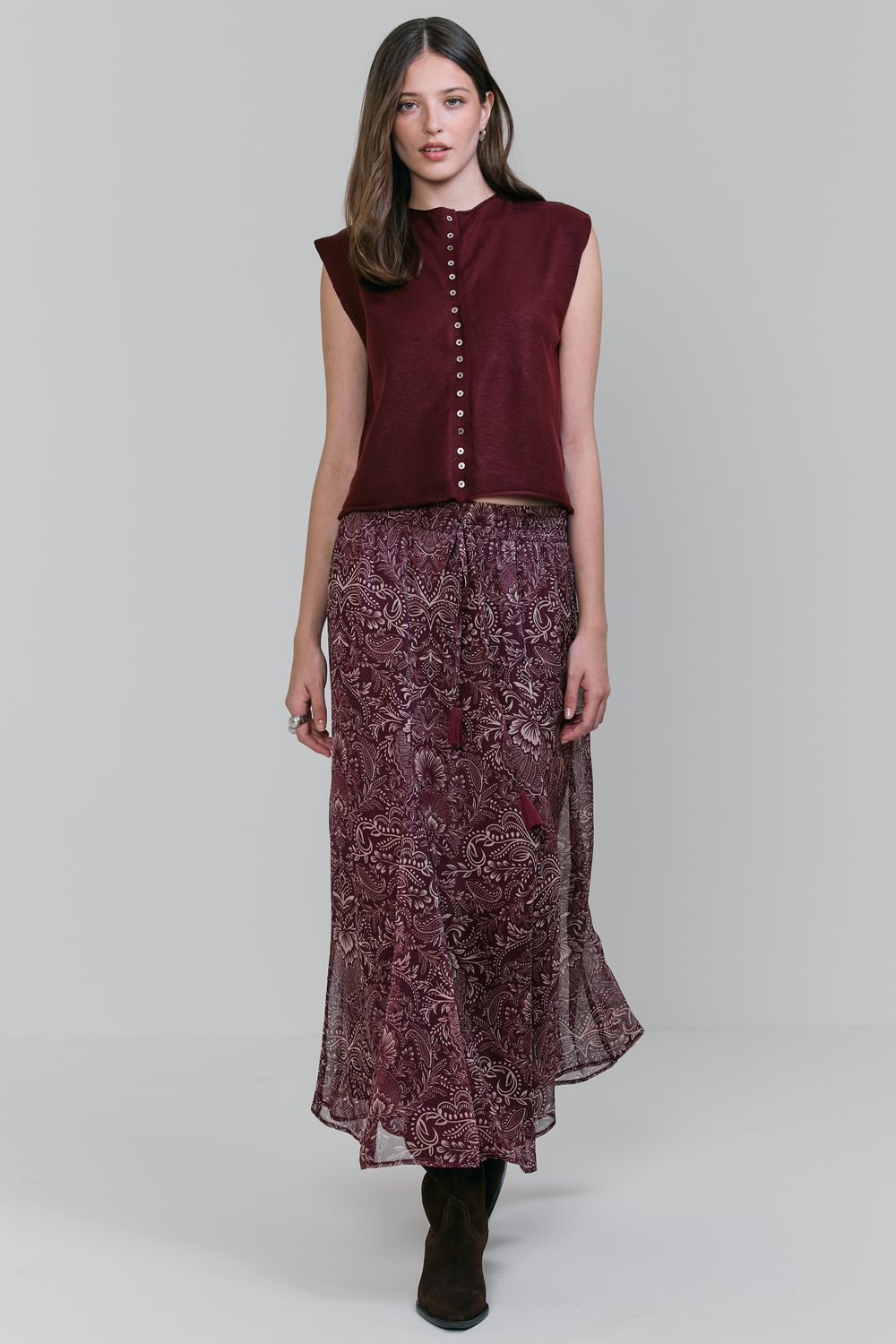 Saia Estampa Flor De Lotus Fluida - VINHO PP - VINHO