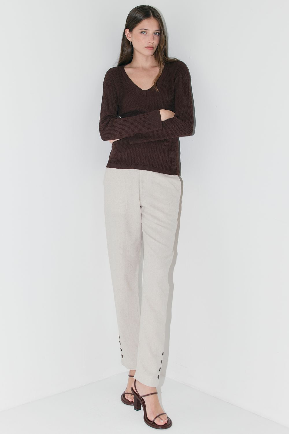 Calça Com  Linho Soft Twill Botões Perna - NATURAL PP - NATURAL