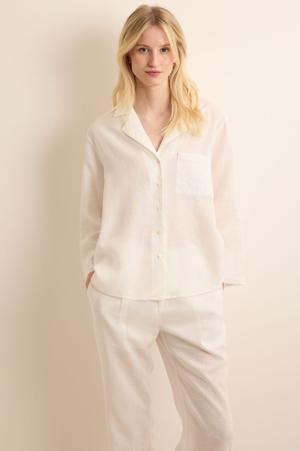 Camisa Com Linho Bolso Bordado - OFF WHITE PP - OFF WHITE