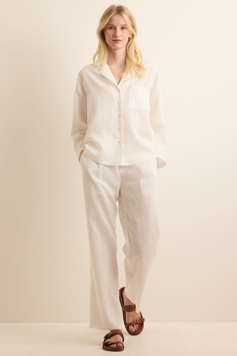 Calça Com Linho Reta - OFF WHITE PP - OFF WHITE