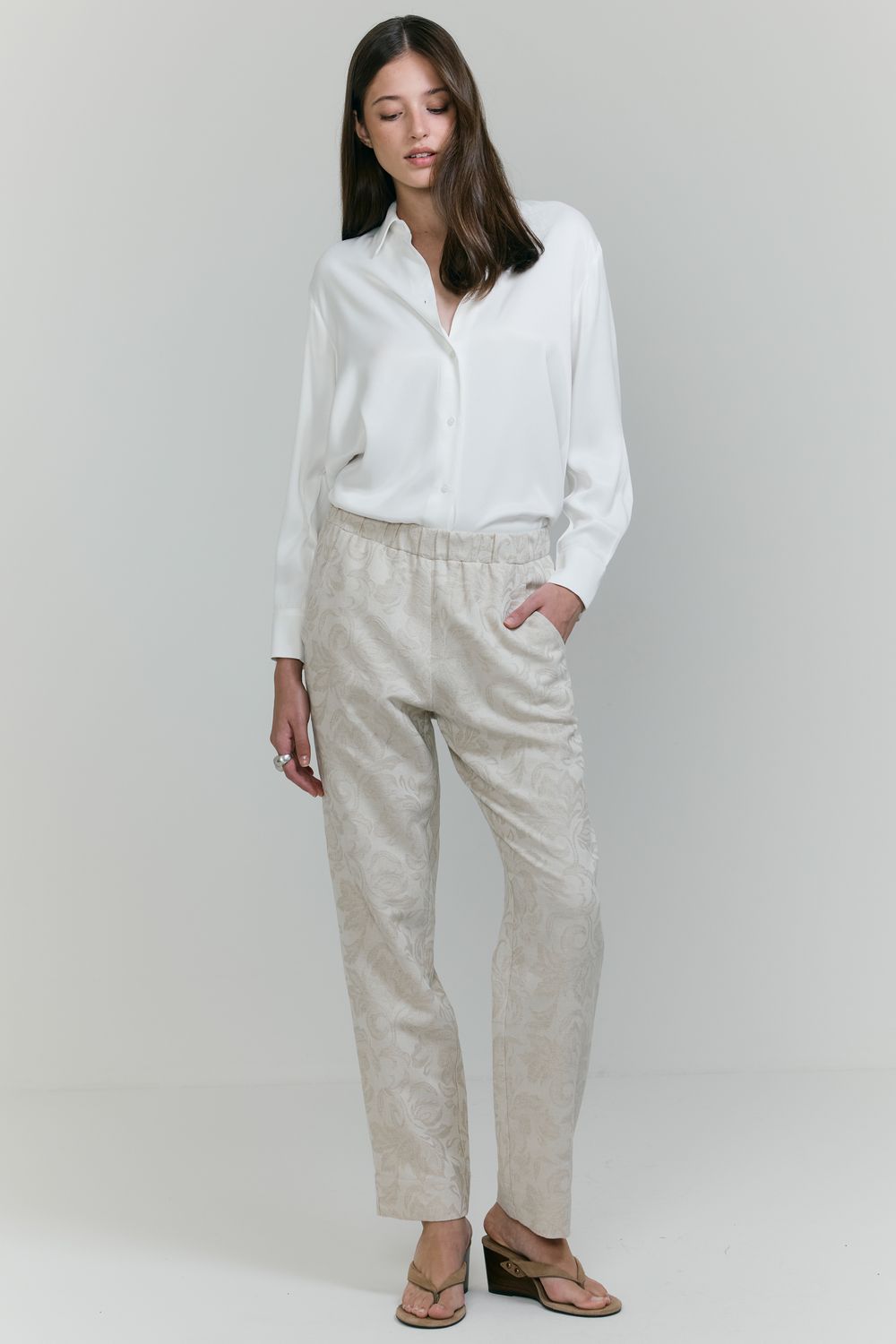 Calça Jackard Algodão Com Linho - NATURAL P - NATURAL