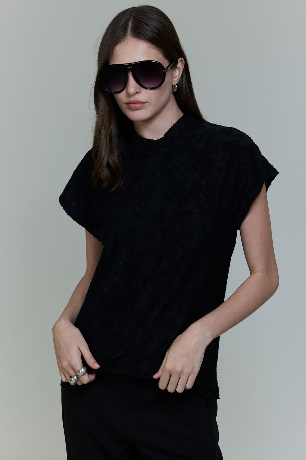 Blusa Malha Jackard Meia Gola - PRETO G - PRETO