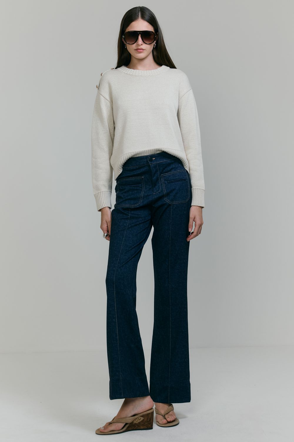 Calça Malha Jeans Nervura Boot Cut - JEANS ESCURO P - JEANS ESCURO