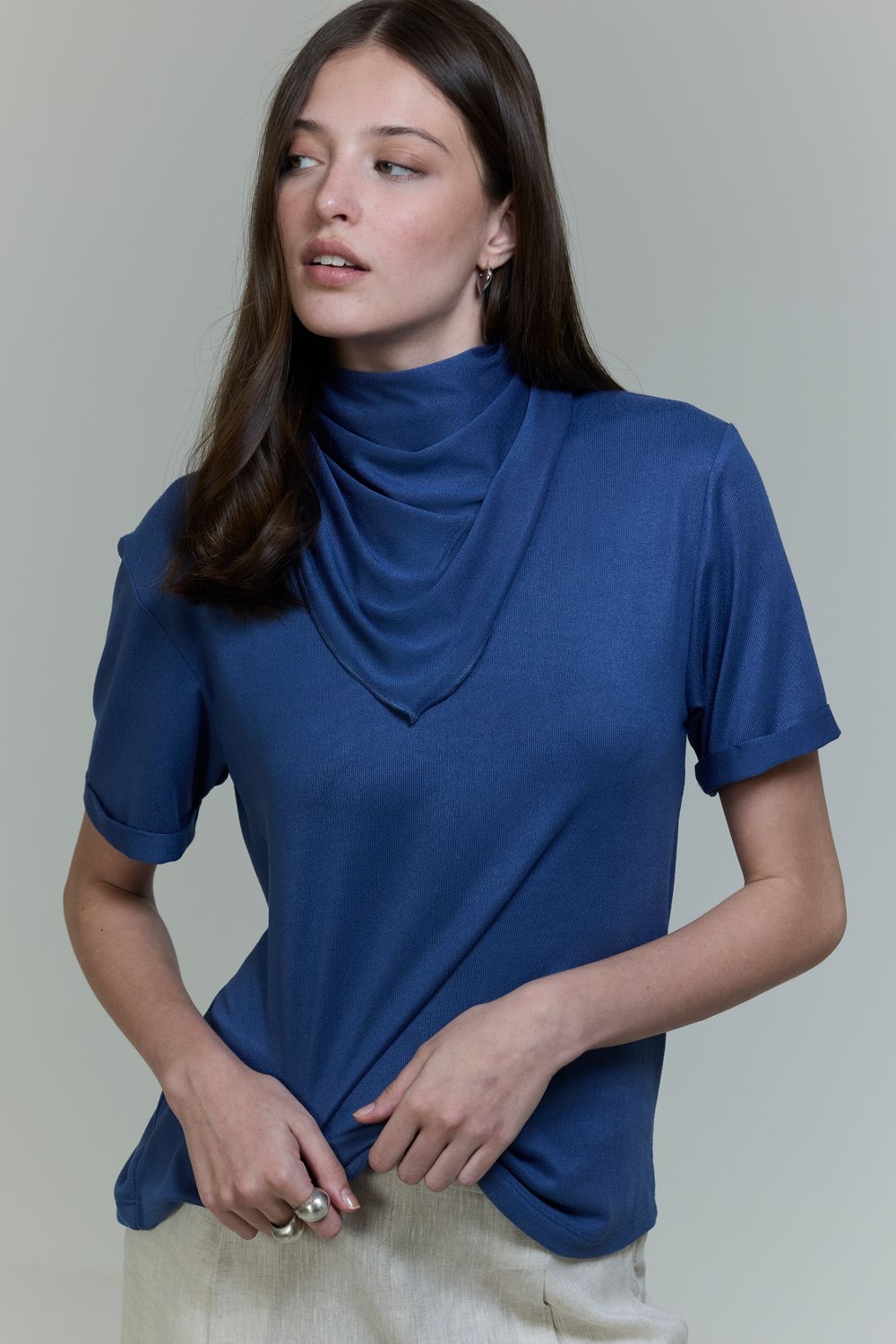 Blusa Malha Tricot Com Lenço - AZUL P - AZUL