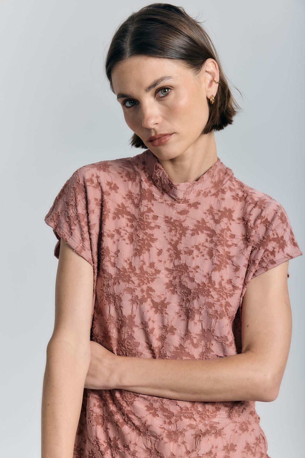 Blusa Malha Jackard Meia Gola - ROSA P - ROSA