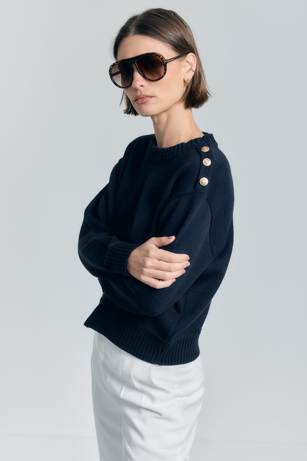 Blusa Pull Tricot Botões Ombro - AZUL MARINHO P - AZUL MARINHO