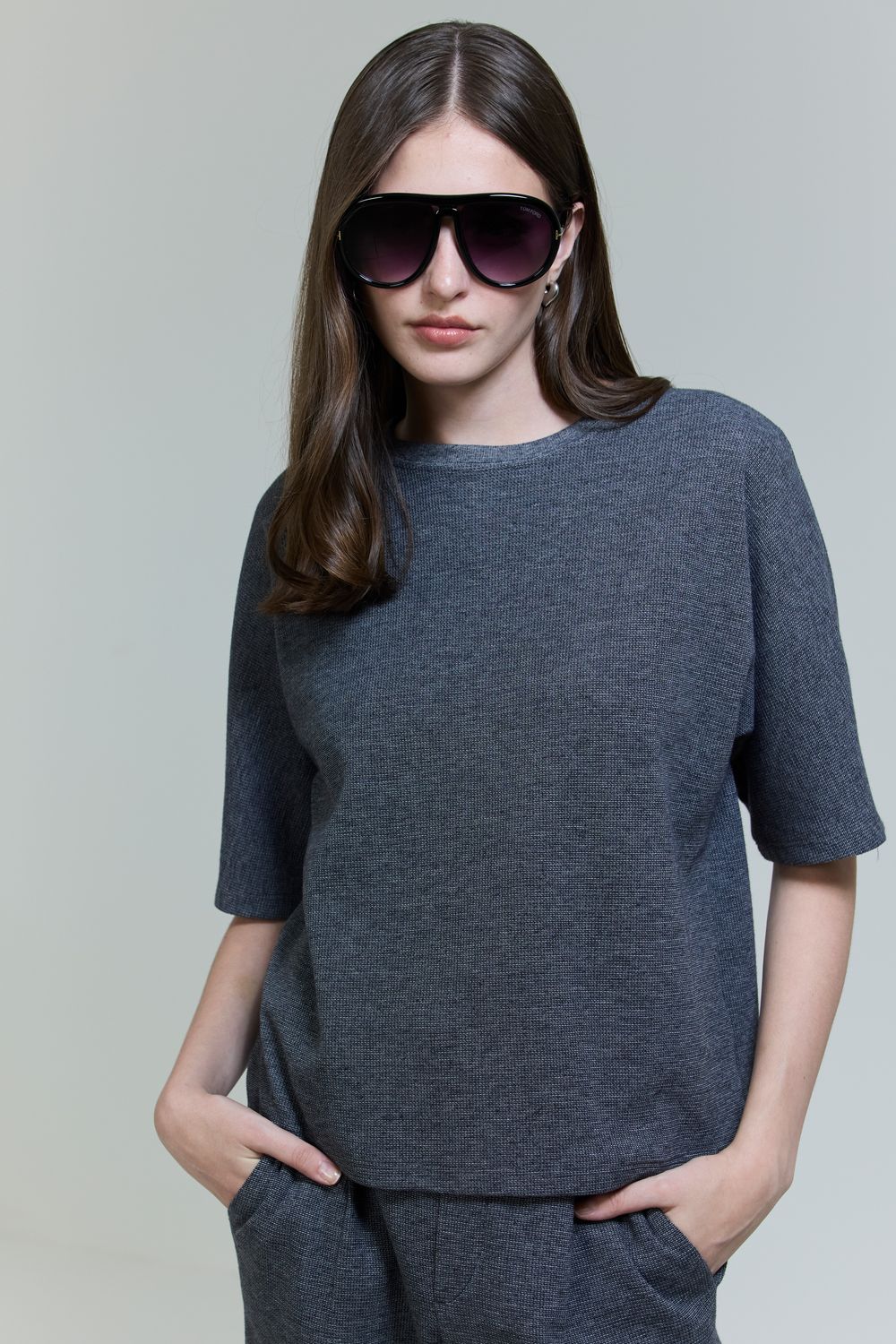 Blusa Malha Waffle Manga Morcego - CINZA G - CINZA Blusa Malha Waffle Manga Morcego - CINZA G - CINZA