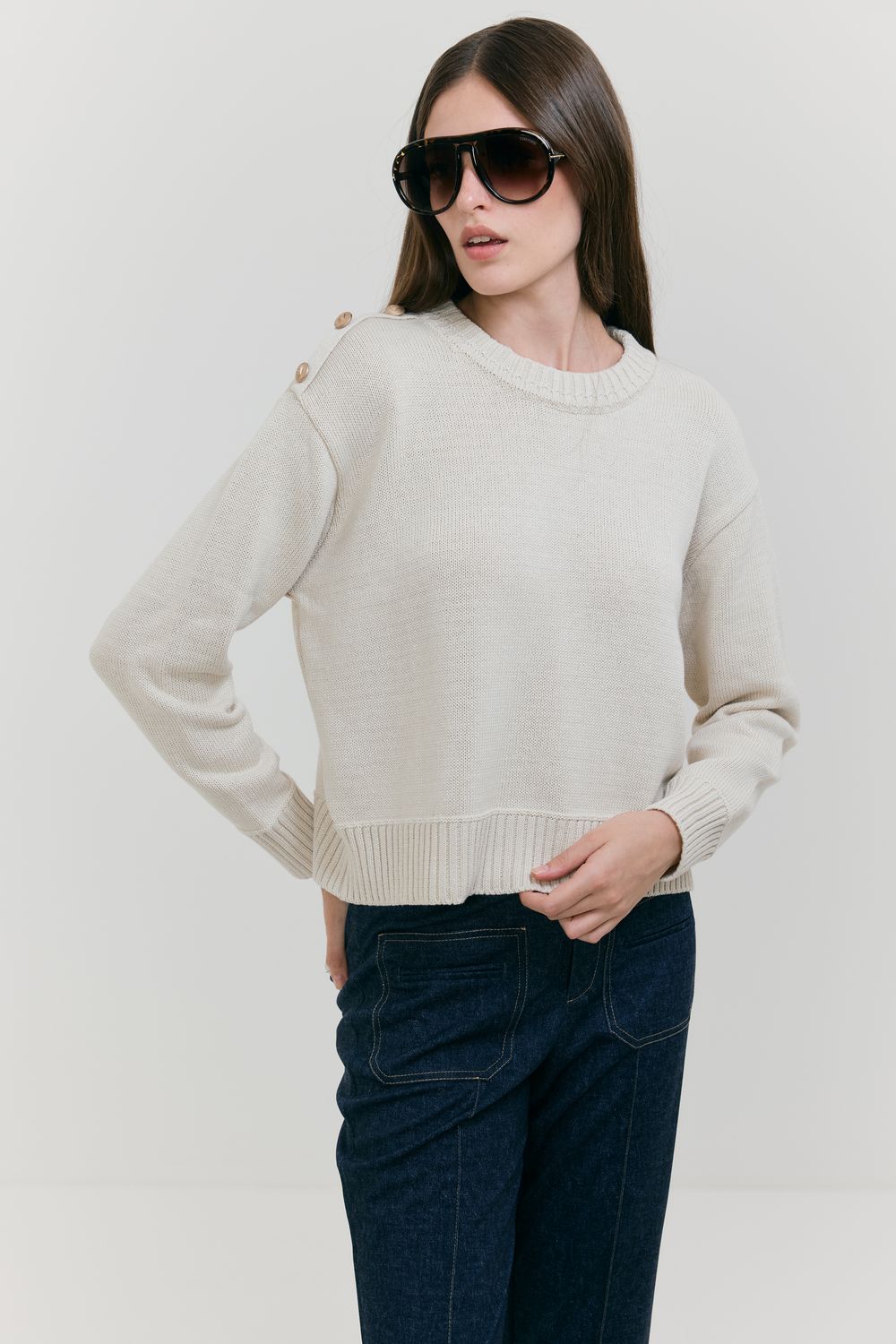 Blusa Pull Tricot Botões Ombro - BEGE P - BEGE