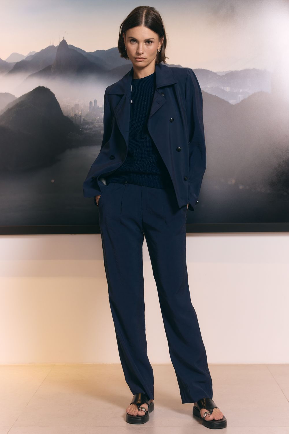 Calça Alfaiataria Cupro - AZUL MARINHO PP - AZUL MARINHO