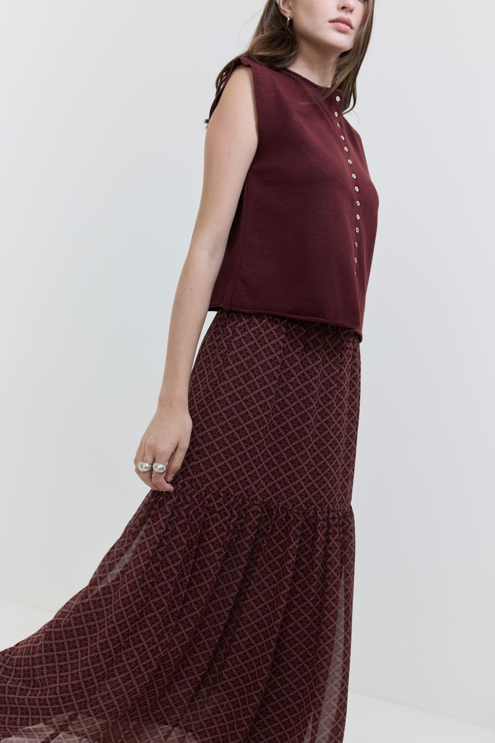 Saia Estampa Gravataria Fluida Babado - VINHO G - VINHO Saia Estampa Gravataria Fluida Babado - VINHO G - VINHO