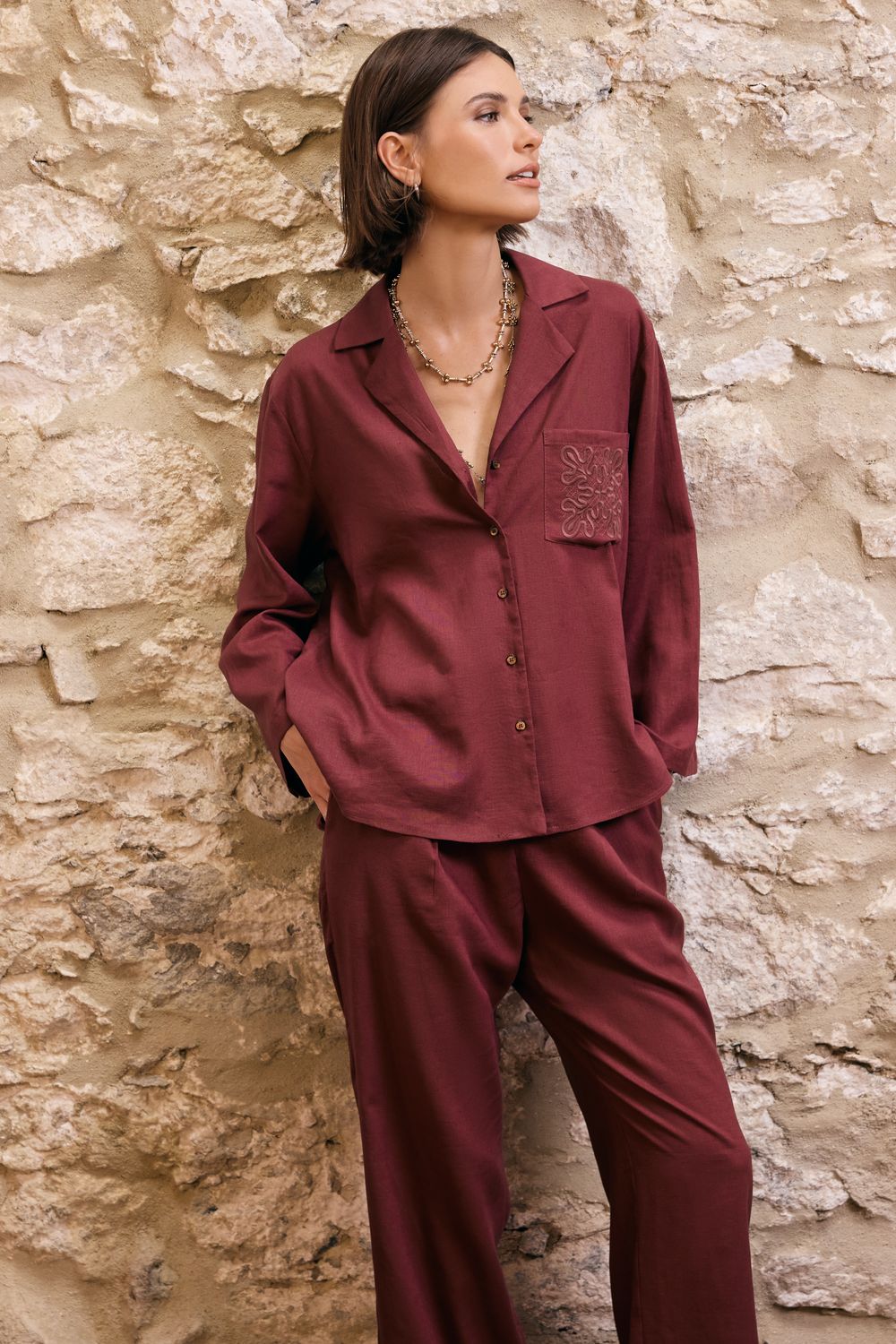 Camisa Com Linho Bolso Bordado - VINHO PP - VINHO Camisa Com Linho Bolso Bordado - VINHO PP - VINHO