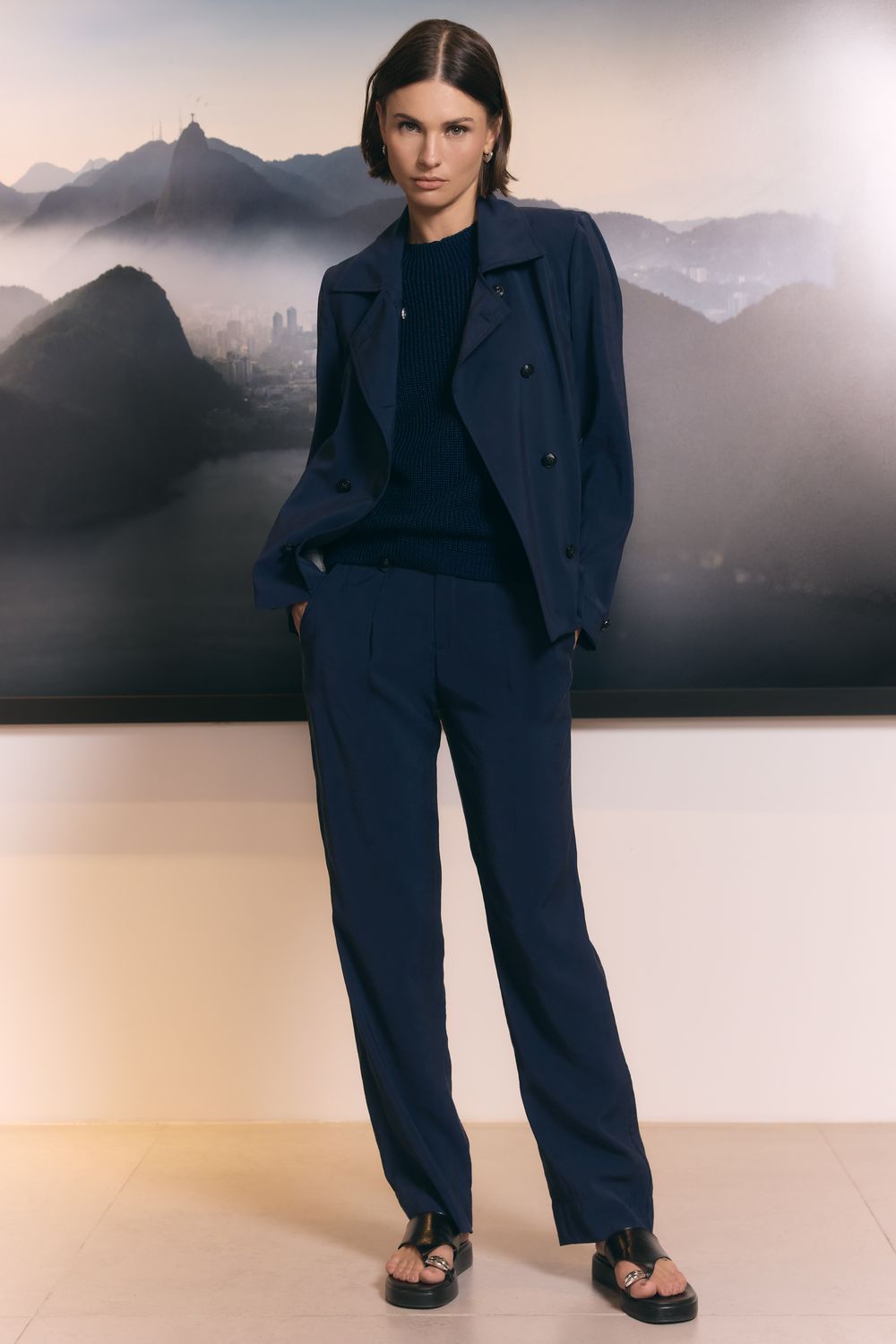 Calça Alfaiataria Cupro - AZUL MARINHO PP - AZUL MARINHO