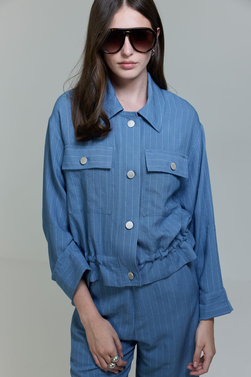 Jaqueta Com Linho Risca De Giz - AZUL P - AZUL Jaqueta Com Linho Risca De Giz - AZUL P - AZUL