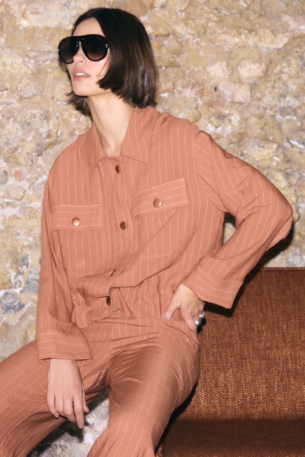 Jaqueta Com Linho Risca De Giz - OCRE P - OCRE Jaqueta Com Linho Risca De Giz - OCRE P - OCRE