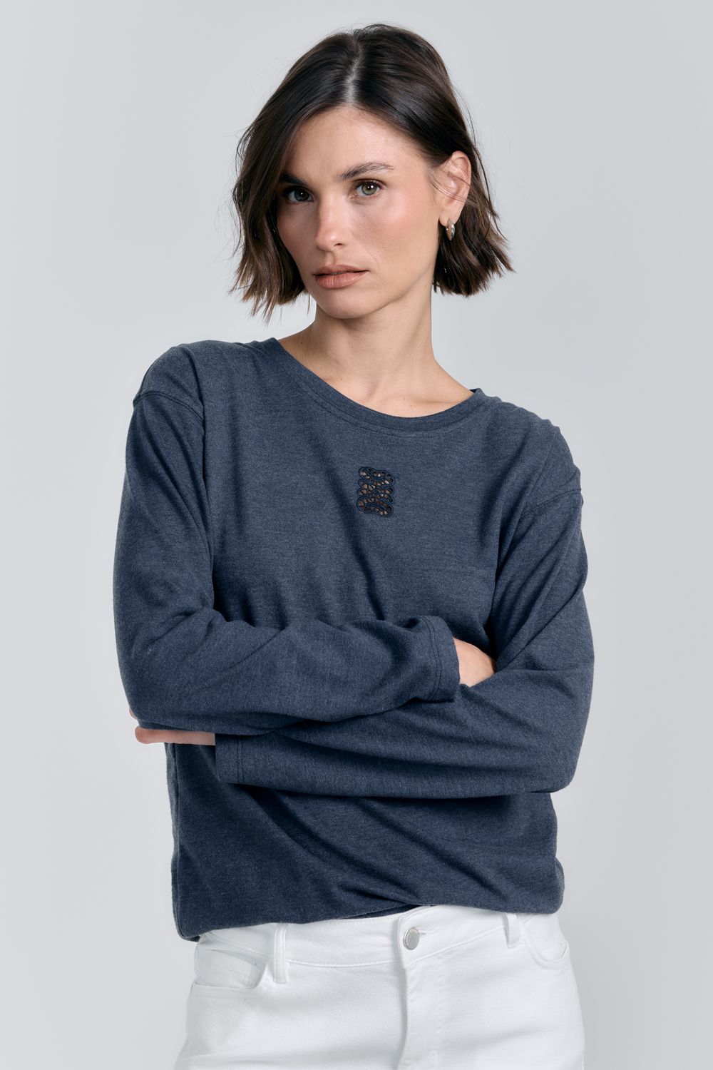 Blusa Malha Vellutato Bordada - AZUL MARINHO P - AZUL MARINHO