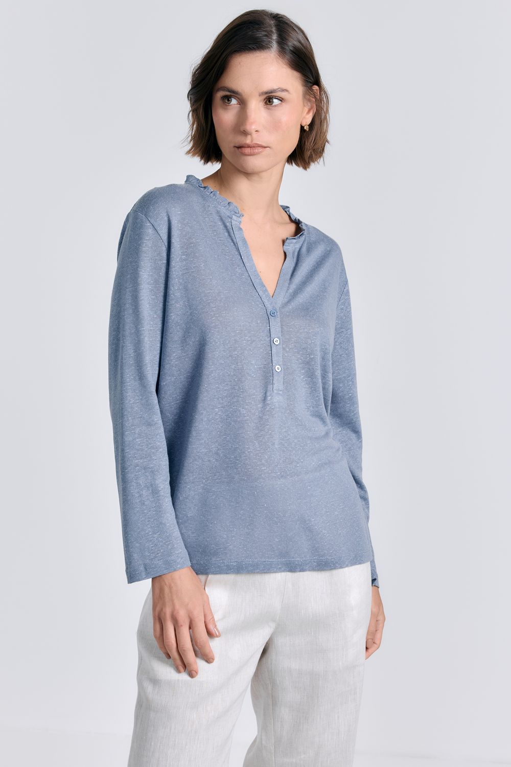 Blusa Malha Linho Frufru - AZUL P - AZUL