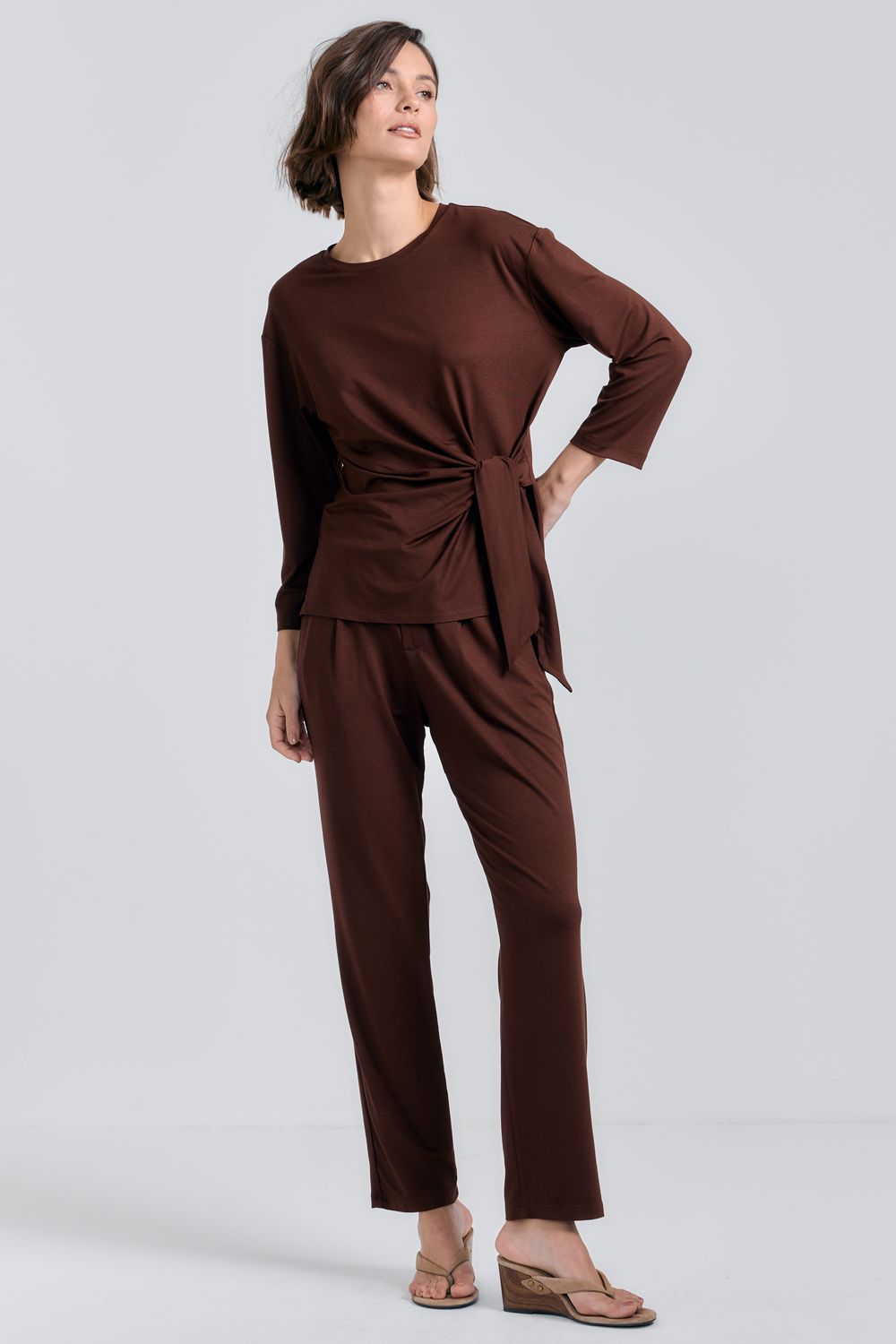 Calça Malha Prega Viscocrepe - MARROM PP - MARROM