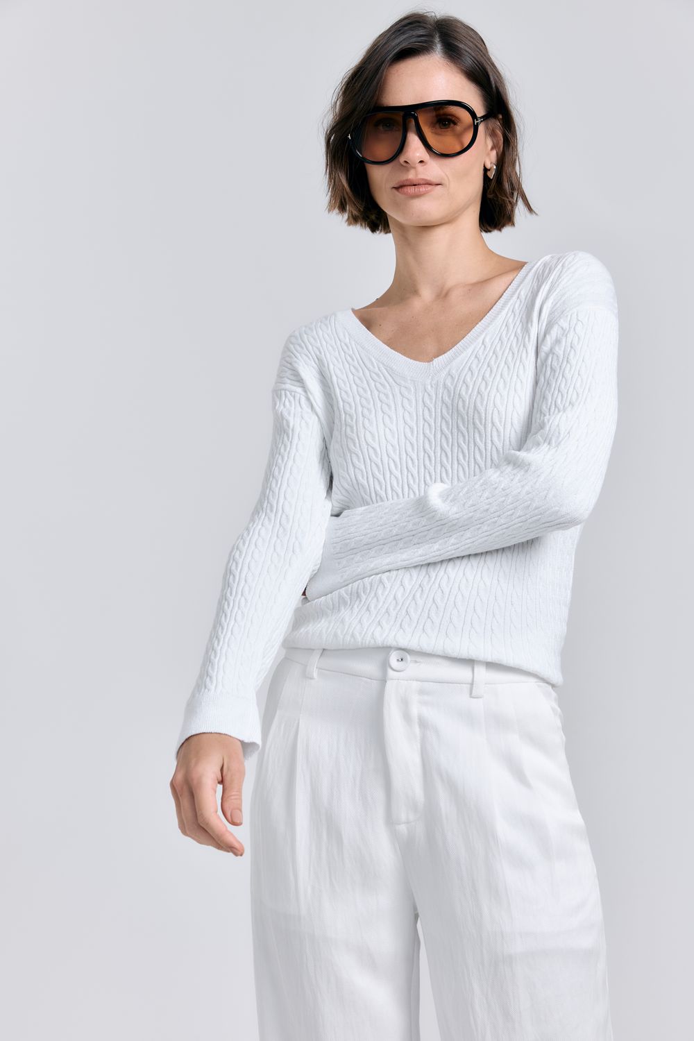 Blusa Tricot V Tranças - OFF WHITE P - OFF WHITE