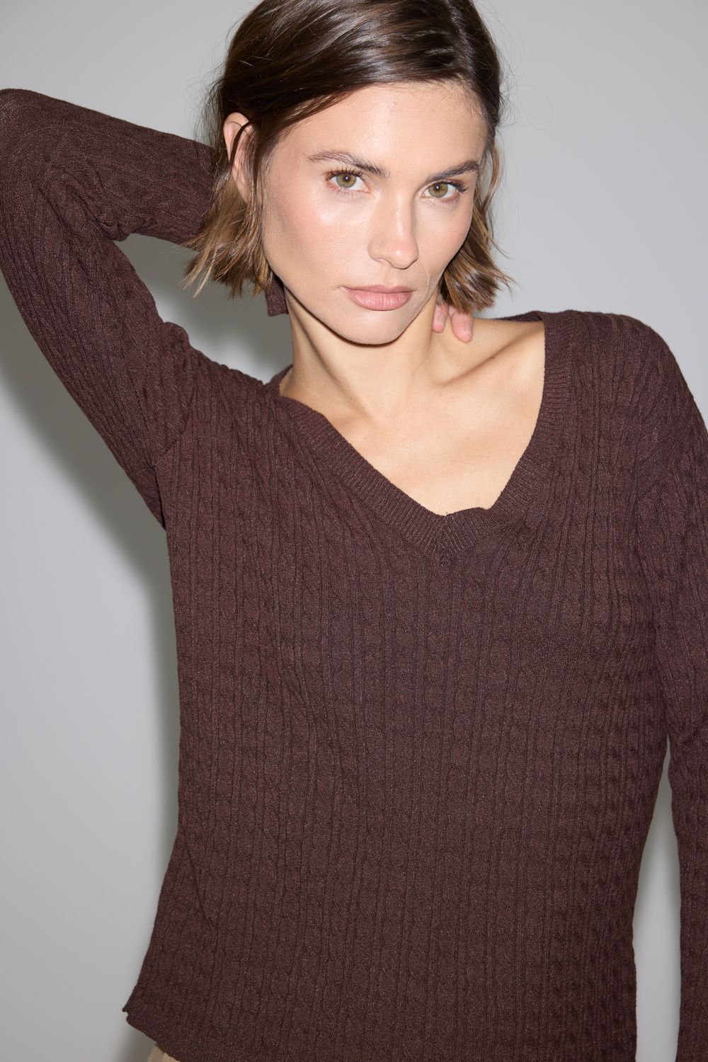 Blusa Tricot V Tranças - MARROM P - MARROM