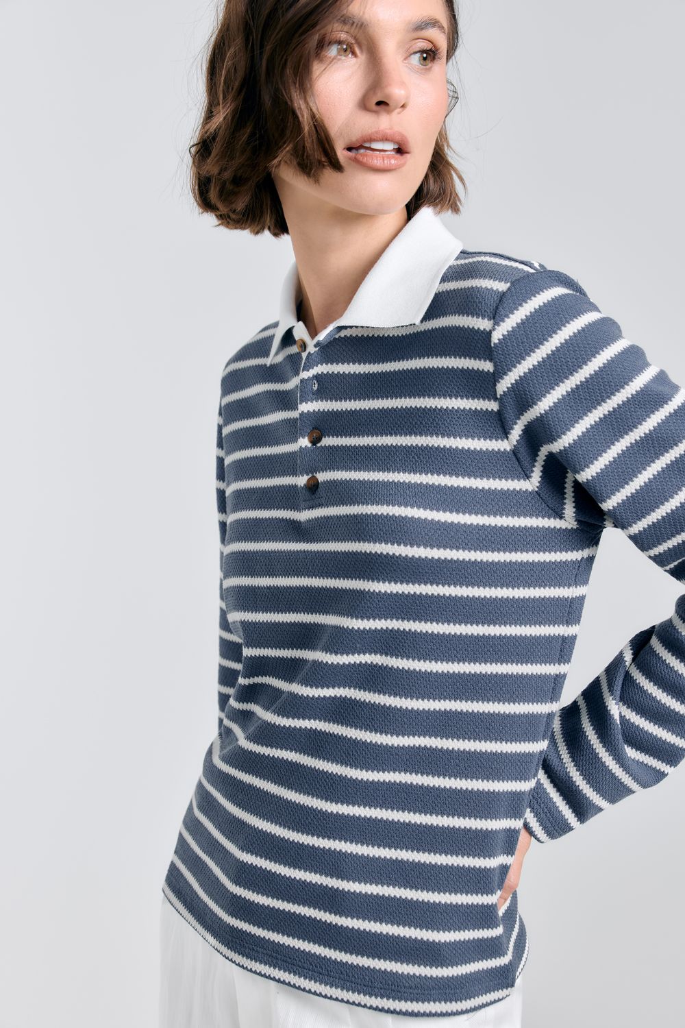 Blusa Malha Polo Listrada Waffle - AZUL P - AZUL