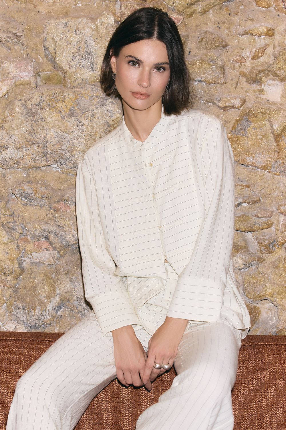 Blusa Com Linho Risca De Giz - CREME PP - CREME