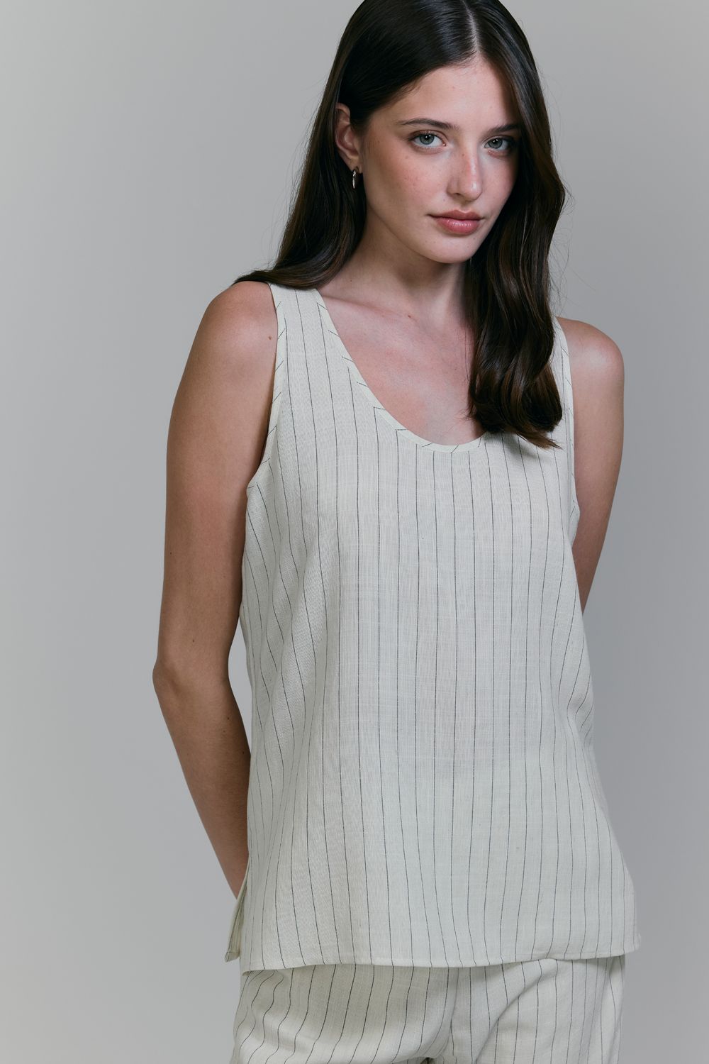 Regata Com Linho Risca De Giz - CREME P - CREME