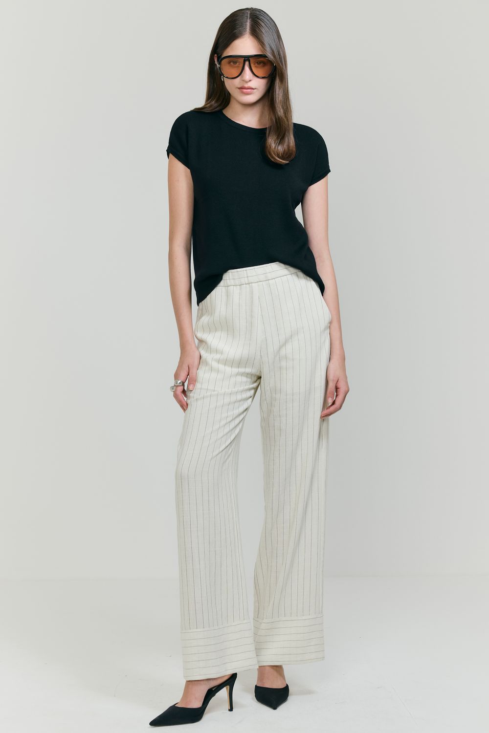 Calça Com Linho Risca De Giz - CREME PP - CREME